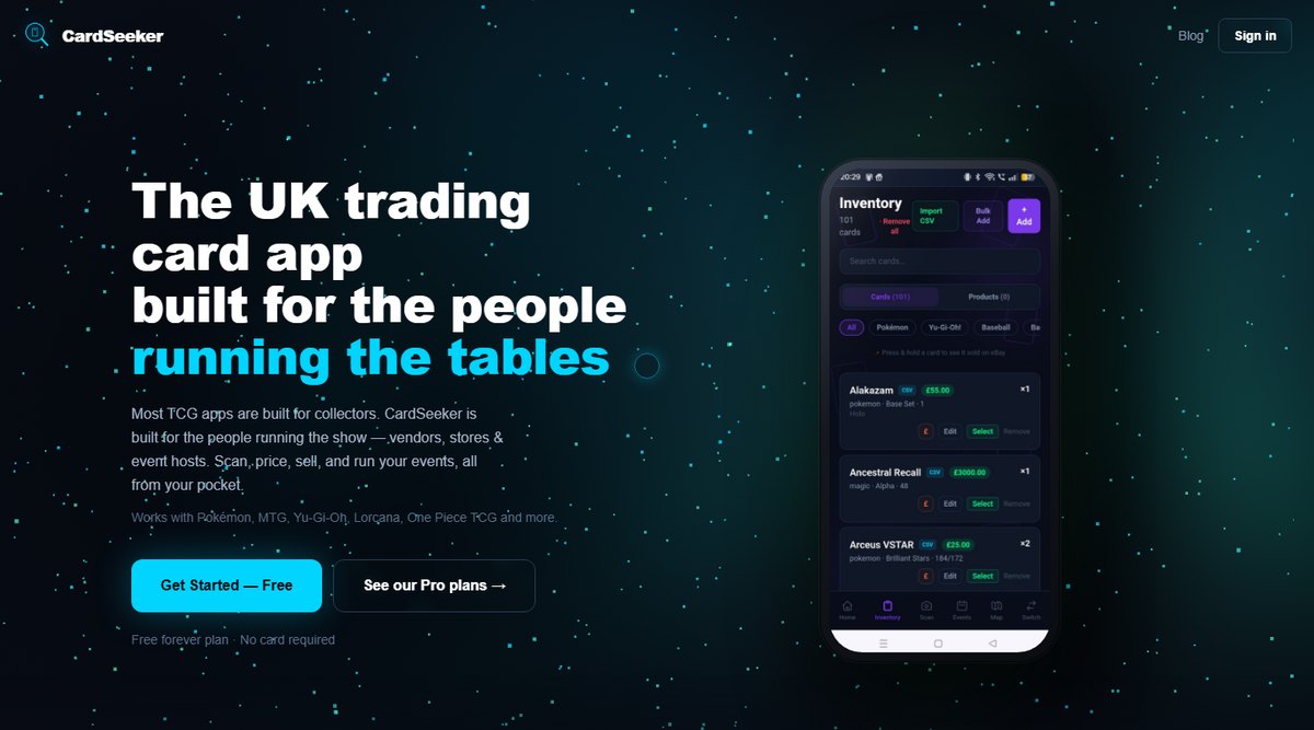 CardSeeker trading card platform homepage